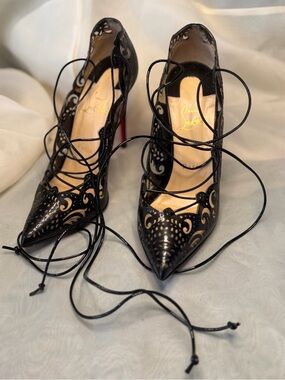 Christian Louboutin Black Impera Laser-Cut Pointed Toe Lace-Up Pumps